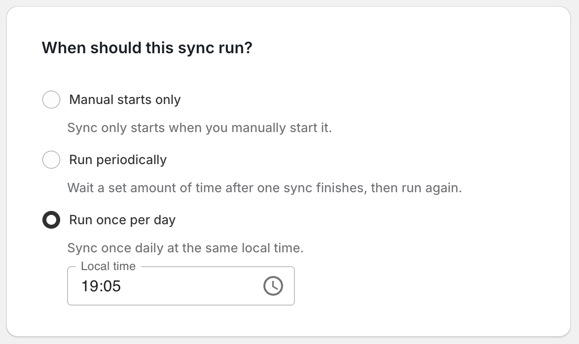 Advanced sync settings showing the daily run time option for an Airtable to Shopify sync