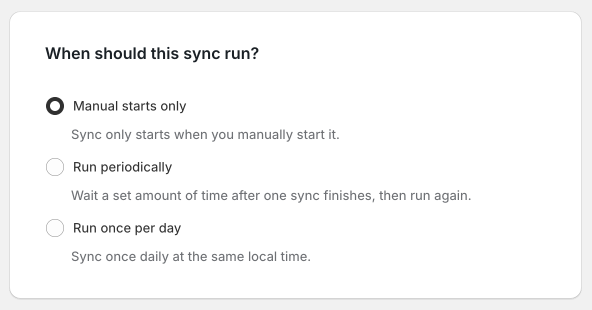 Advanced sync settings showing the "Manual starts only" option for an Airtable to Shopify sync