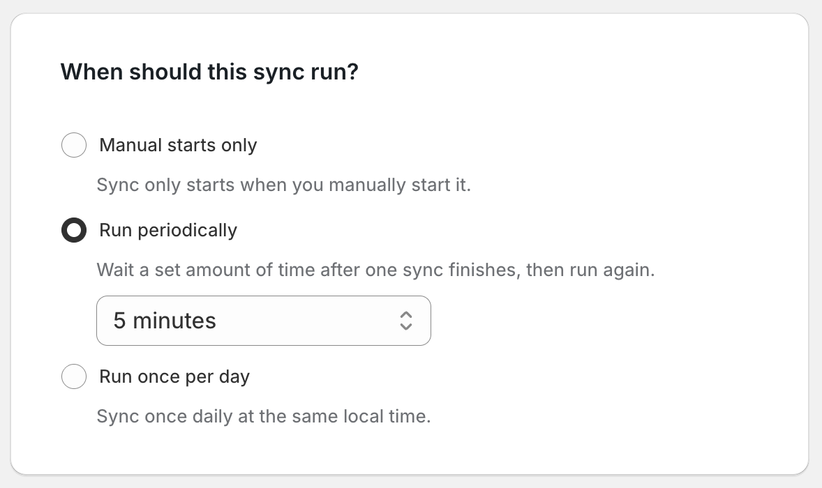 Advanced sync settings showing periodic schedule intervals for an Airtable to Shopify sync