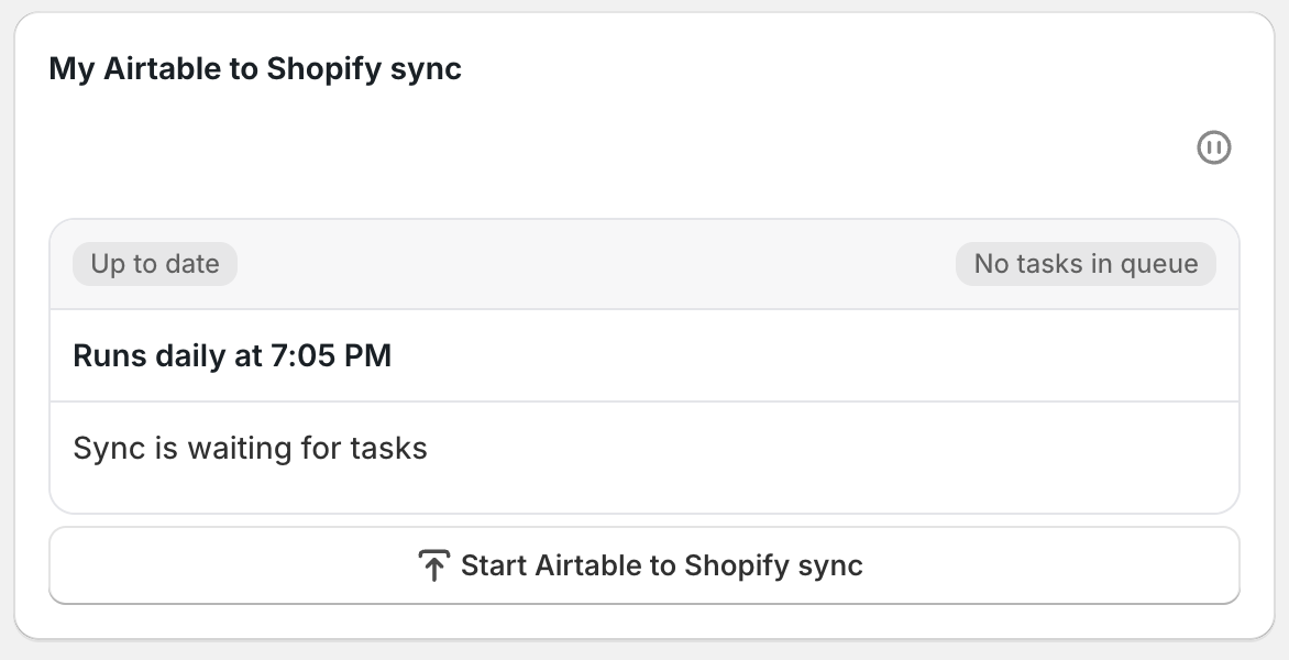 Dashboard sync card displaying a configured schedule and next run time for an Airtable to Shopify sync