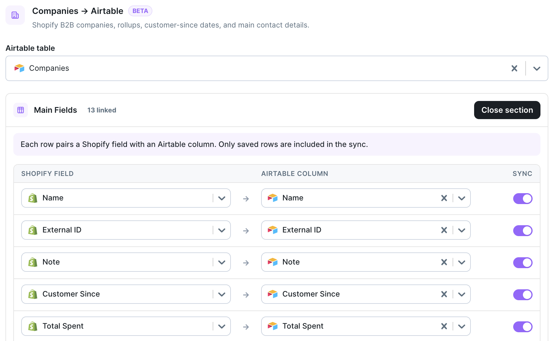 Companies to Airtable main fields mapping Shopify company data to Airtable columns