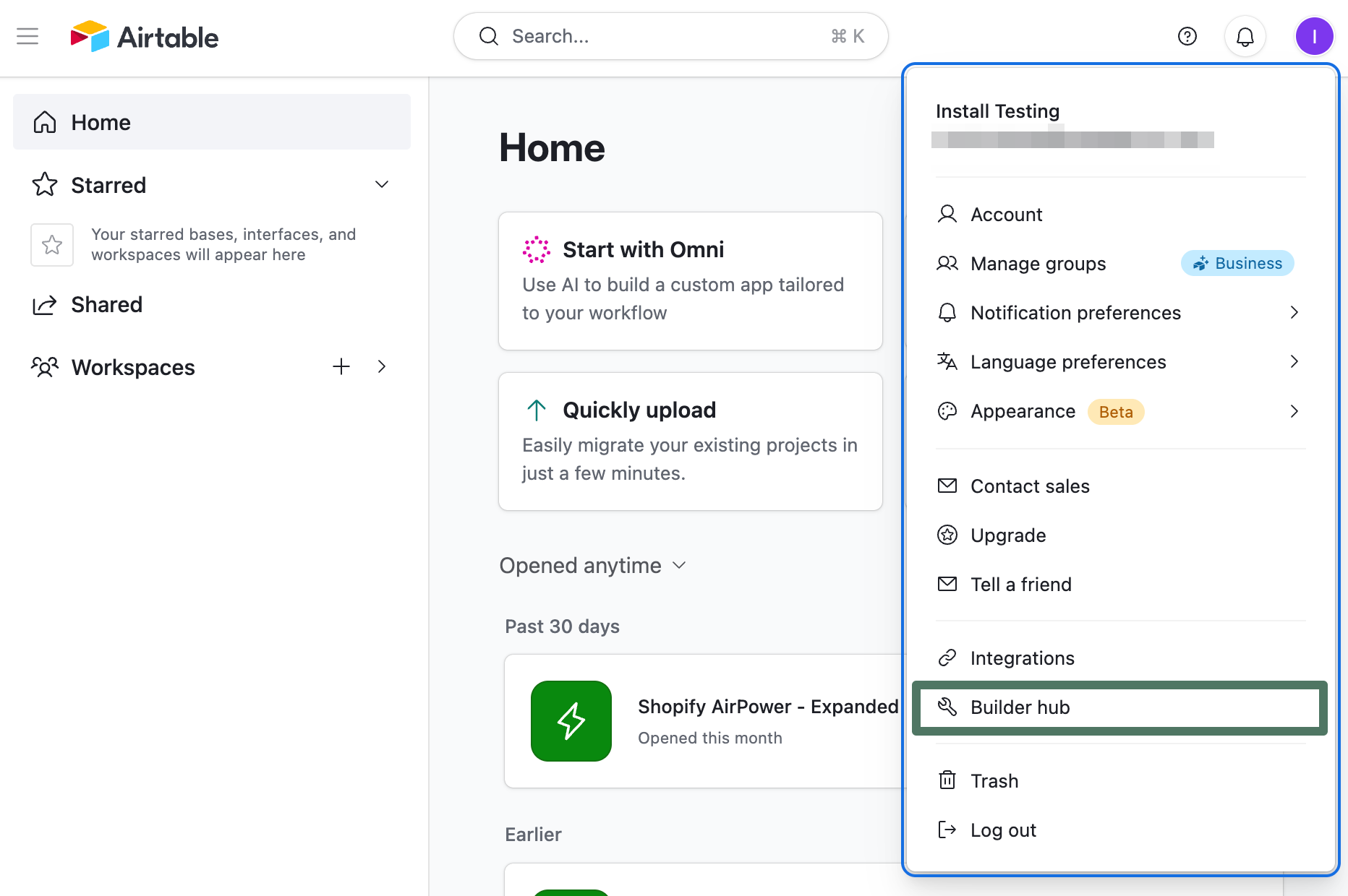 Airtable account dropdown menu with Builder hub option highlighted
