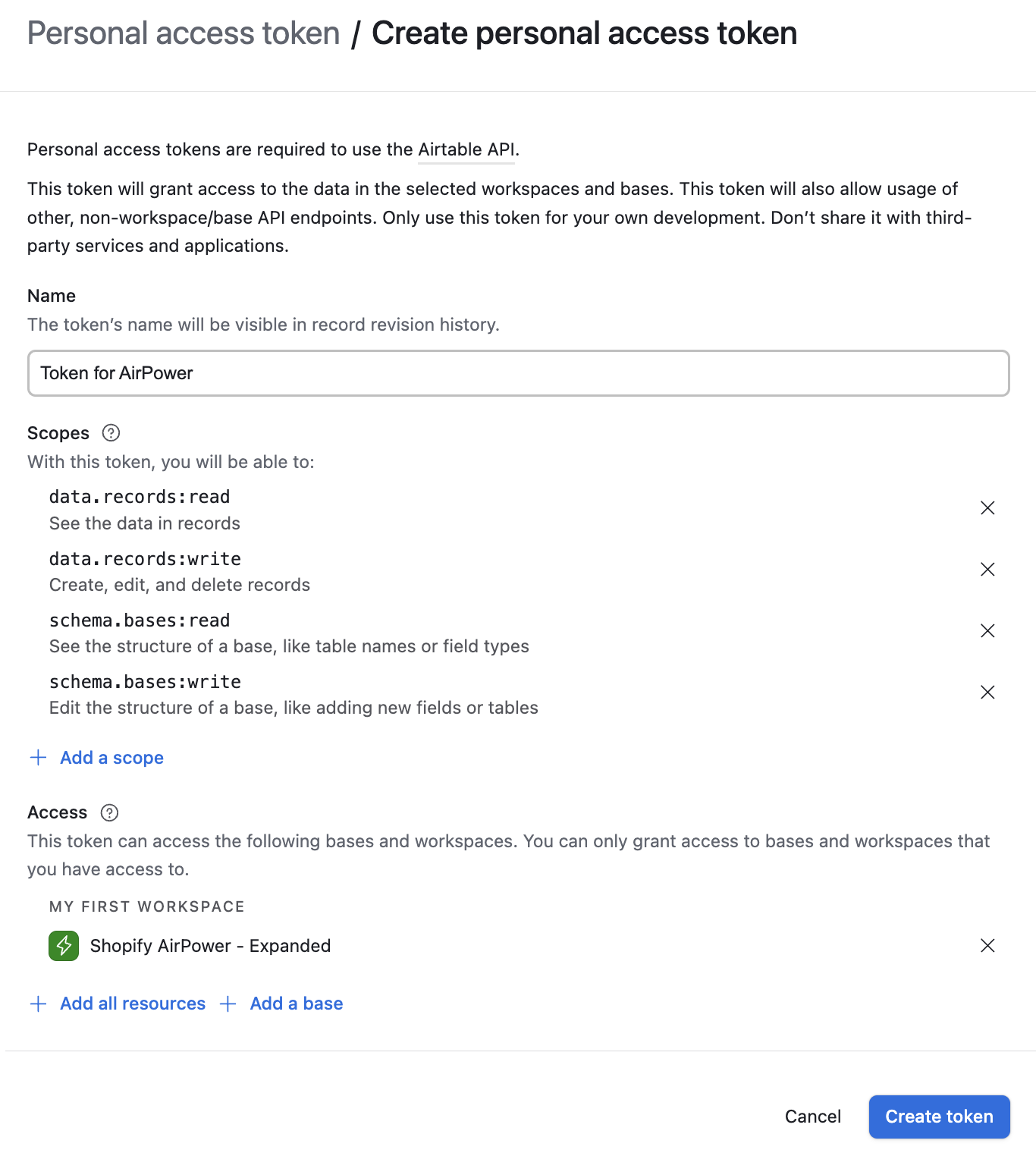 Token configuration screen showing name, scopes, and base access settings
