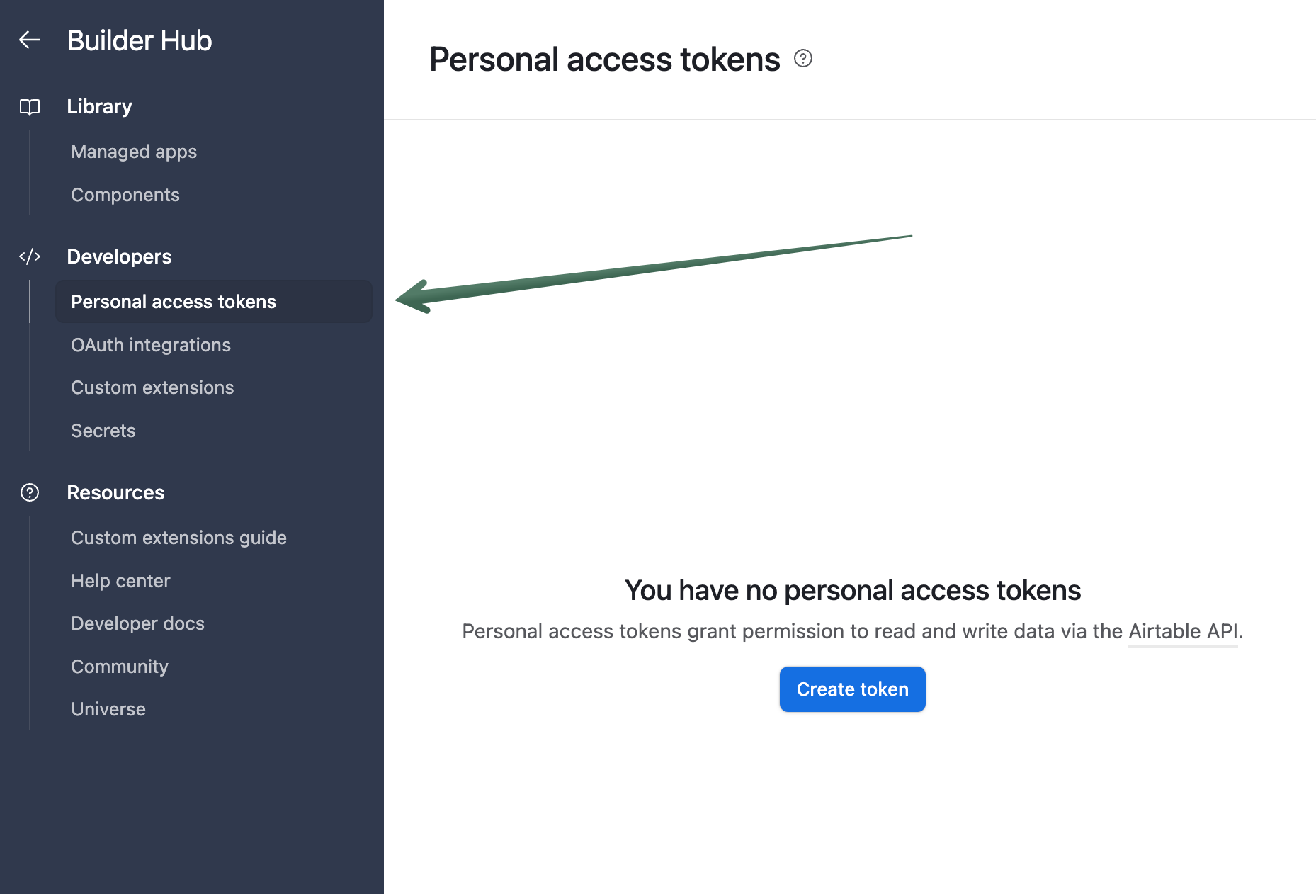 Builder Hub sidebar with Personal access tokens section selected