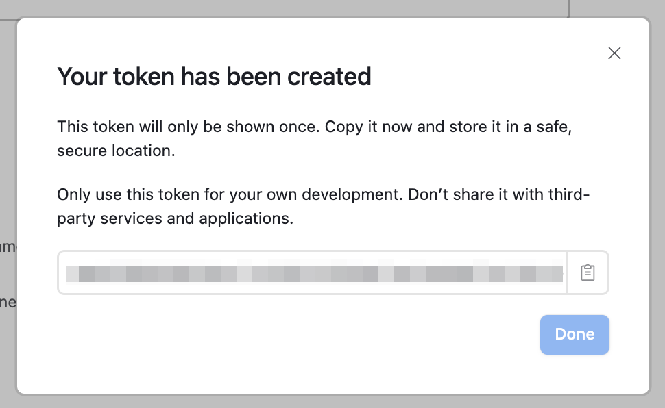 Token created dialog showing the token value and Done button
