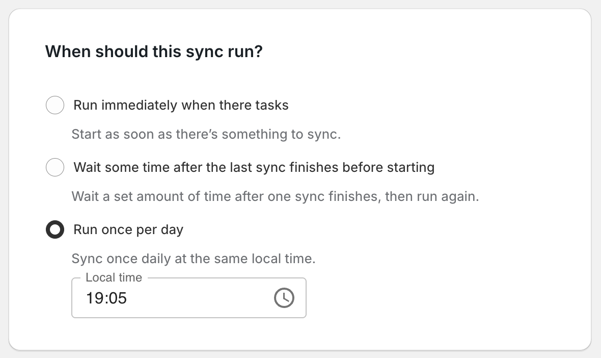 Advanced settings showing the daily schedule time for a Shopify to Airtable sync