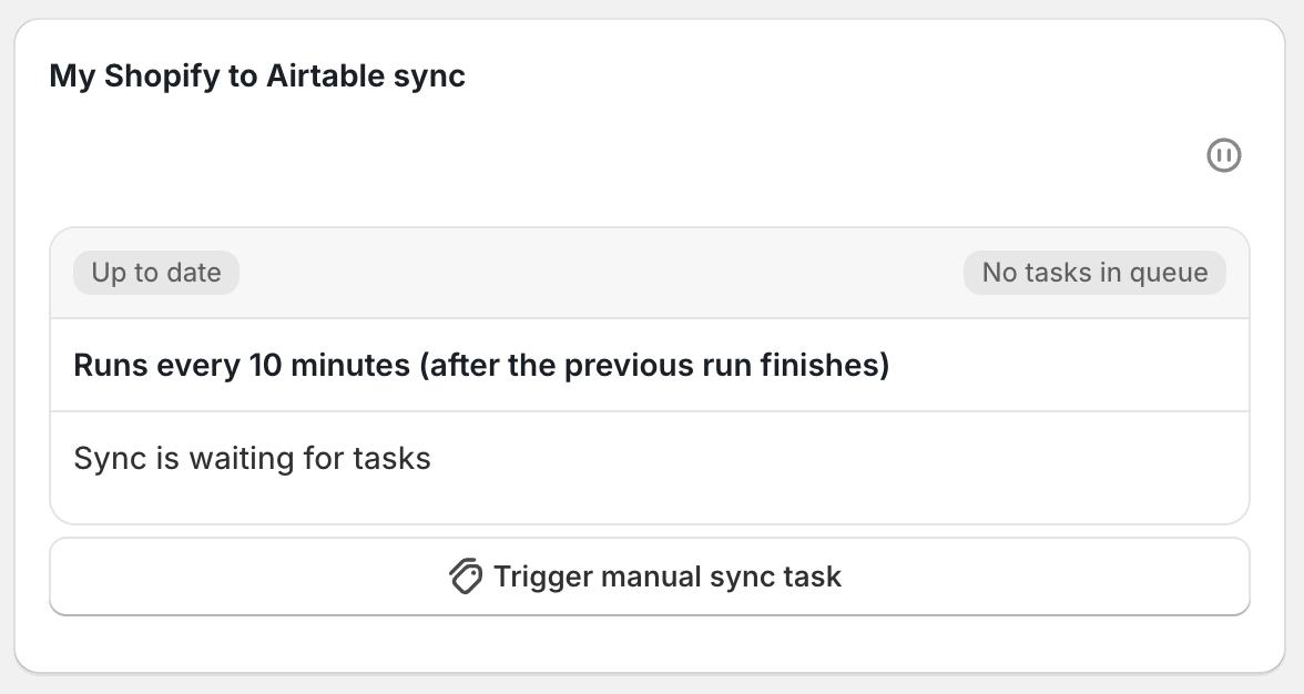 Dashboard sync card showing the configured schedule and next run time for a Shopify to Airtable sync