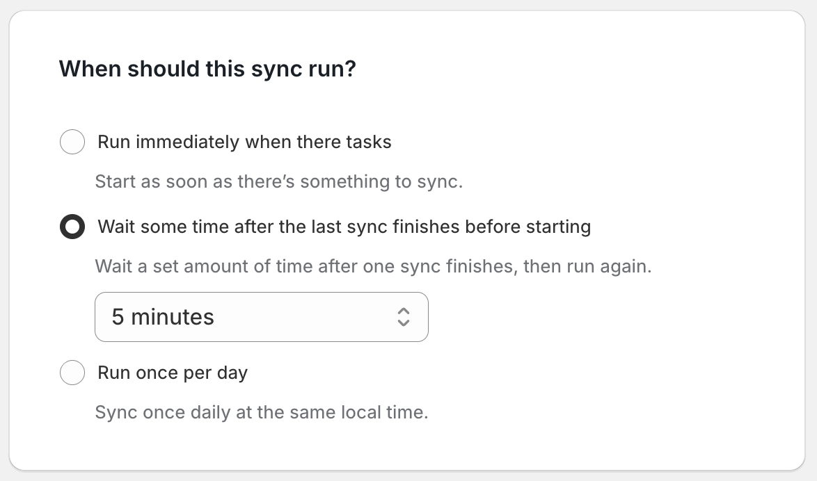 Advanced settings showing a time interval schedule for a Shopify to Airtable sync